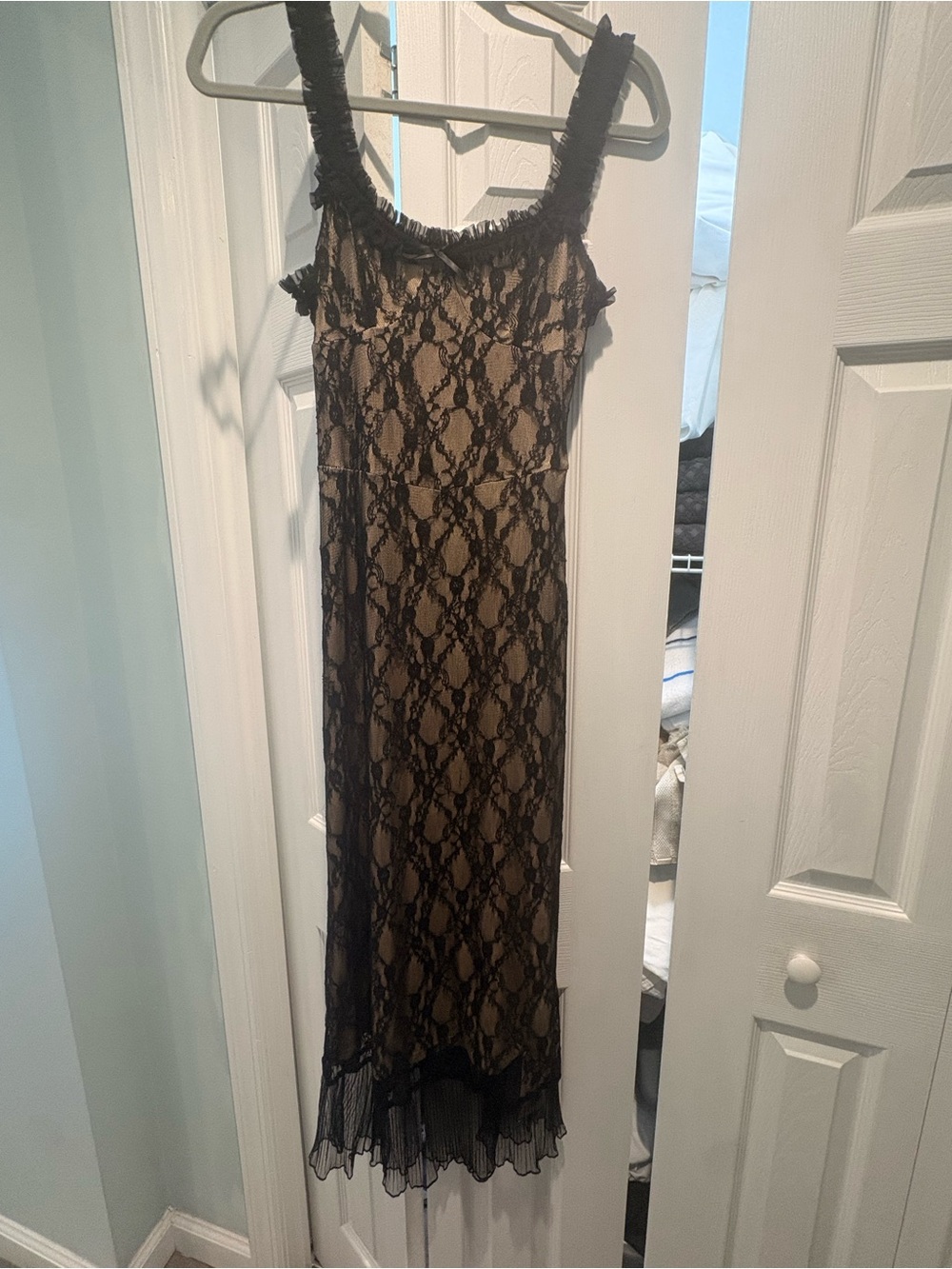 Sleeveless Black Lace Midi Dress with Nude Underlay